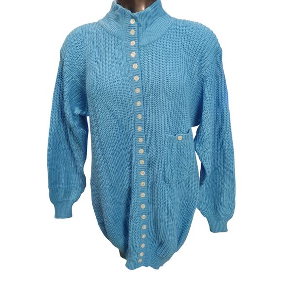 Joan Harper Women's M Acrylic Wool Blue Mock Neck Button Up Long Sleeve Sweater - Picture 1 of 4